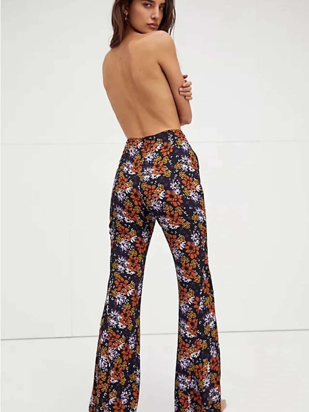 Free People Black Floral Bootcut Pants with Lilac, Orange & White Blooms